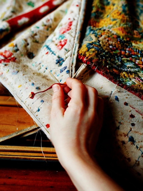 hands stitching colorful thread on fabric